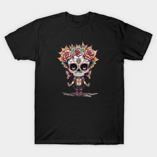 Chibi Chic: Day of the Dead Sugar Skull Art - Chibi Girl with Pink Rose-adorned Hair T-Shirt by ImaginativeInkPOD